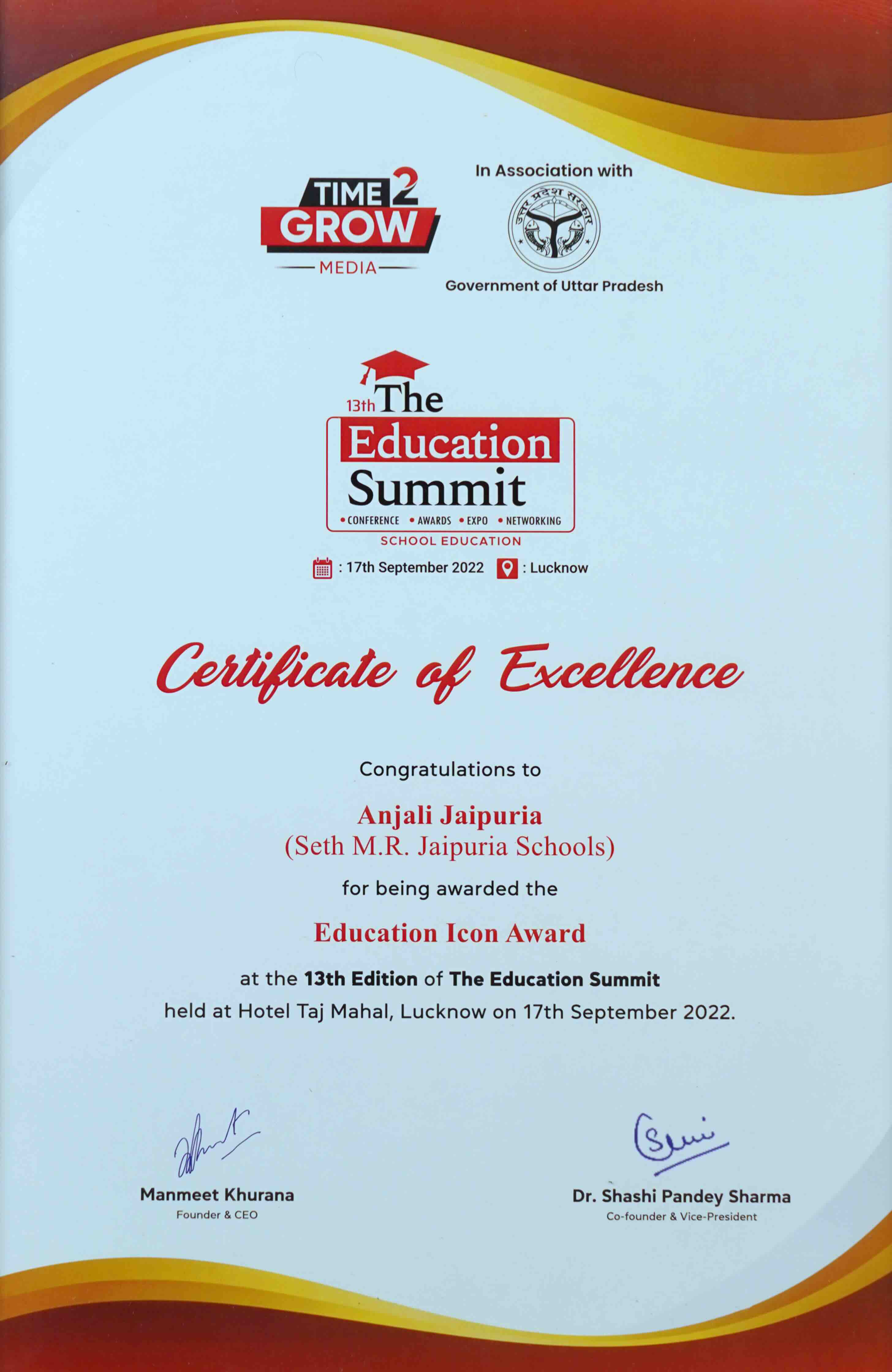 Education Icon Award, 13th Education Summit, Lucknow, 2022